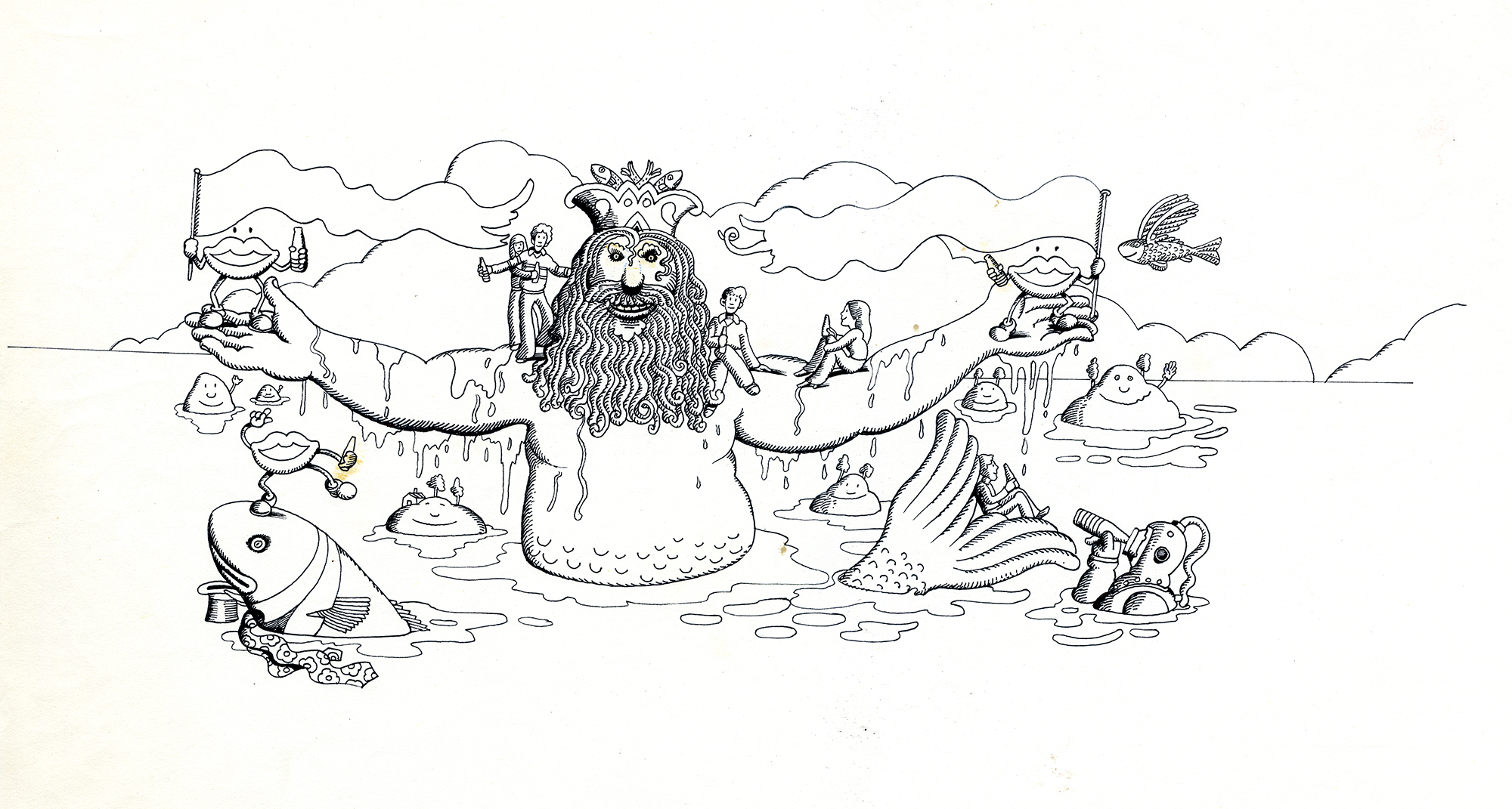 Neptune rising from ocean enjoying Fanta soda